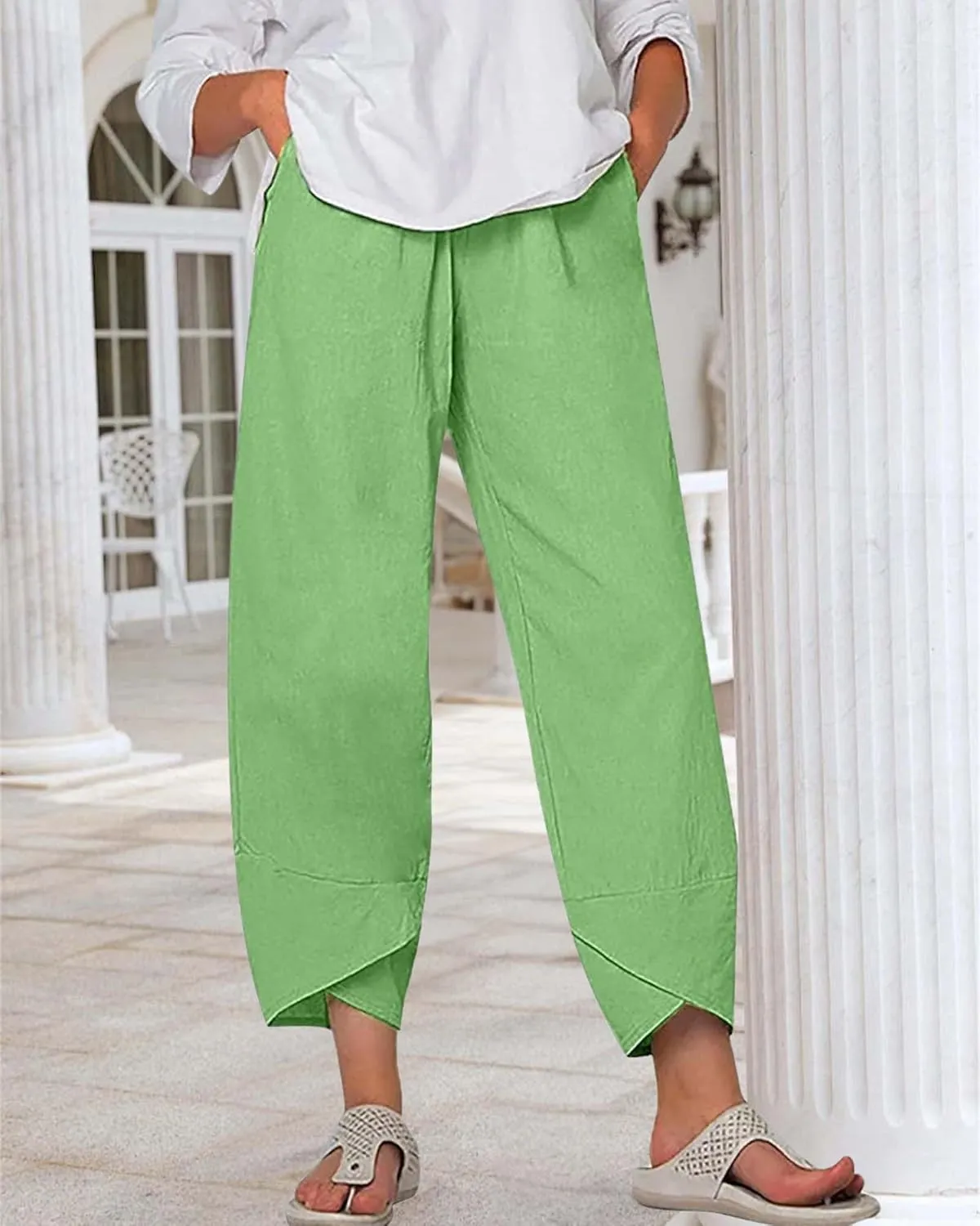 Cotton Linen Summer Casual Capri Pants for Women Printed Waist Wide Leg Palazzo Cropped Baggy Trousers with Pockets