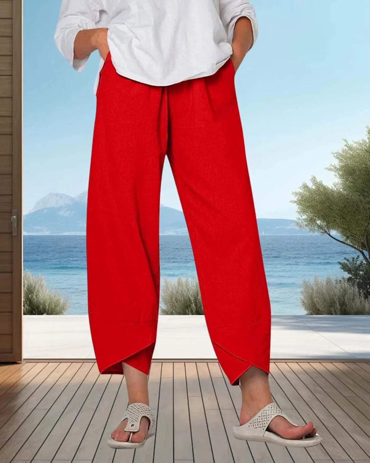 Cotton Linen Summer Casual Capri Pants for Women Printed Waist Wide Leg Palazzo Cropped Baggy Trousers with Pockets