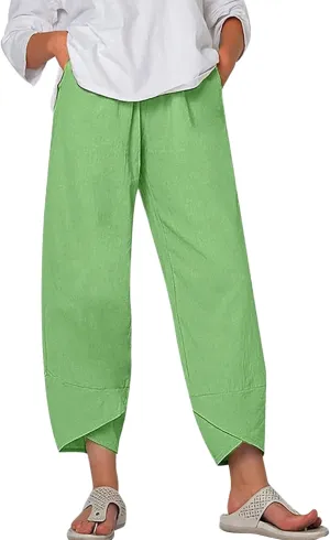 Cotton Linen Summer Casual Capri Pants for Women Printed Waist Wide Leg Palazzo Cropped Baggy Trousers with Pockets