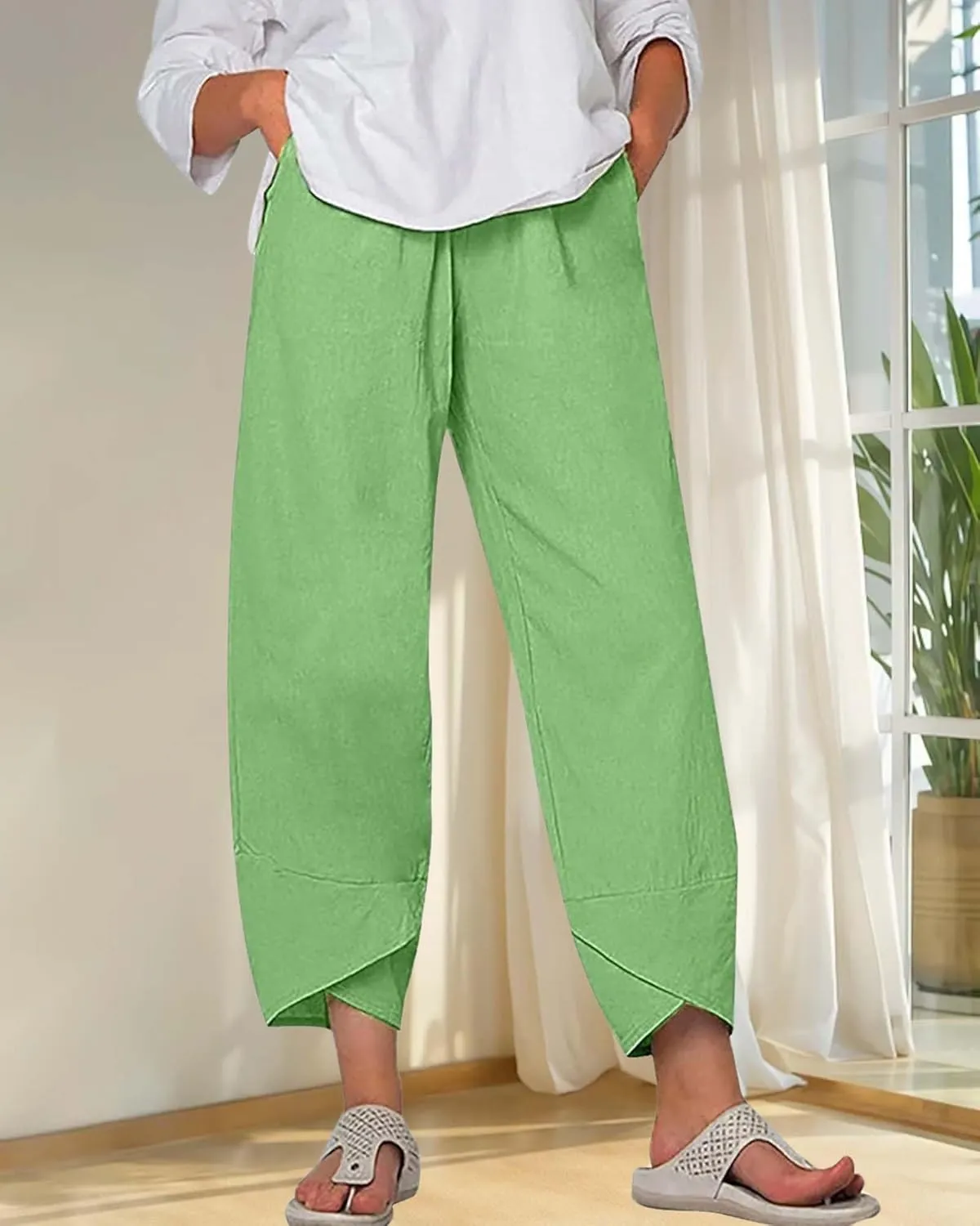 Cotton Linen Summer Casual Capri Pants for Women Printed Waist Wide Leg Palazzo Cropped Baggy Trousers with Pockets