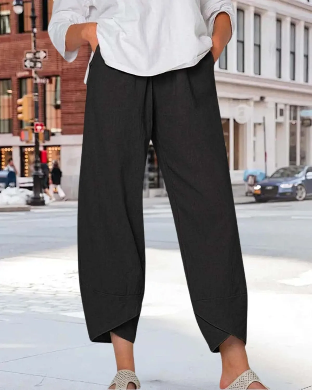 Cotton Linen Summer Casual Capri Pants for Women Printed Waist Wide Leg Palazzo Cropped Baggy Trousers with Pockets