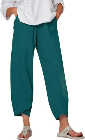 Cotton Linen Summer Casual Capri Pants for Women Printed Waist Wide Leg Palazzo Cropped Baggy Trousers with Pockets
