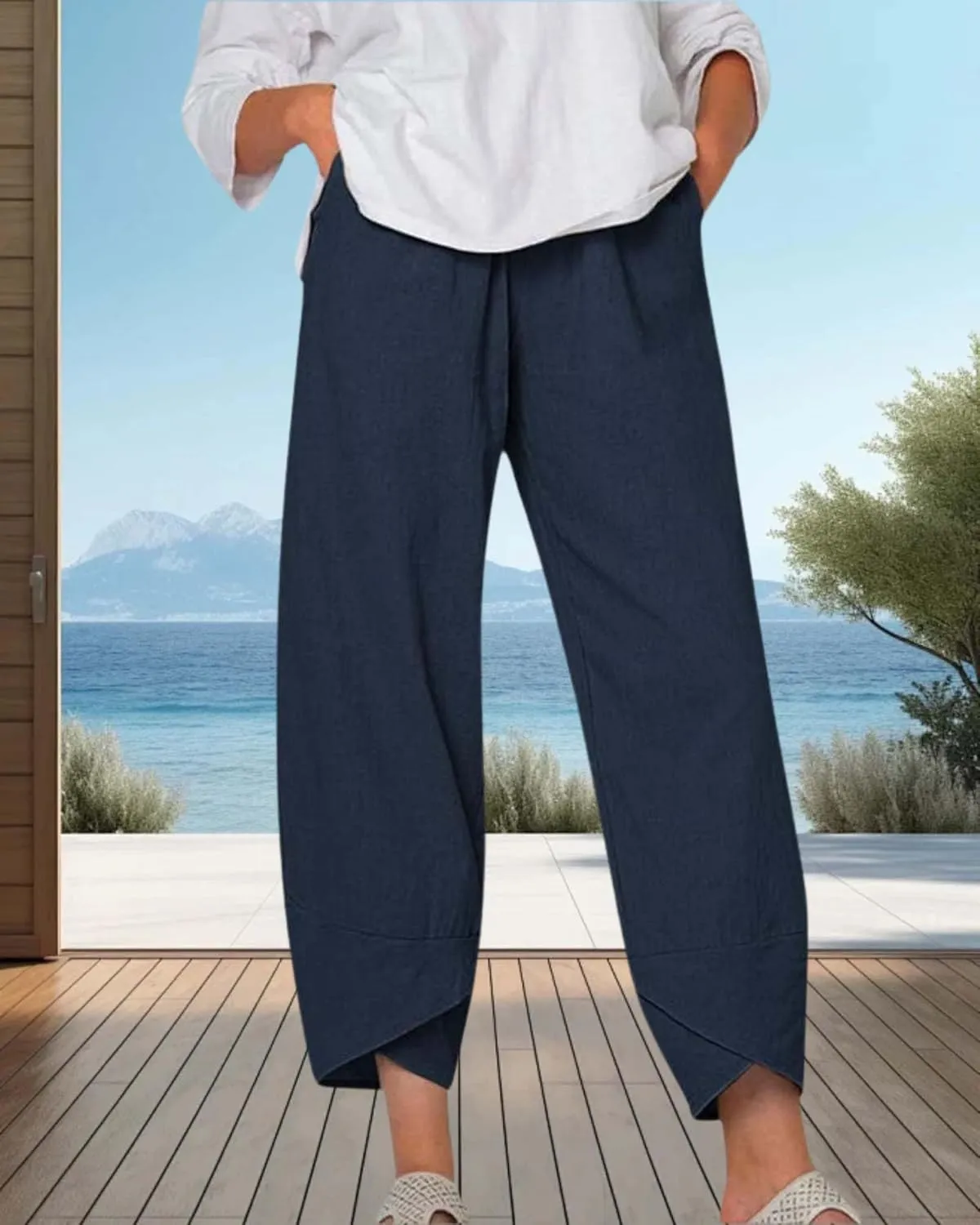 Cotton Linen Summer Casual Capri Pants for Women Printed Waist Wide Leg Palazzo Cropped Baggy Trousers with Pockets