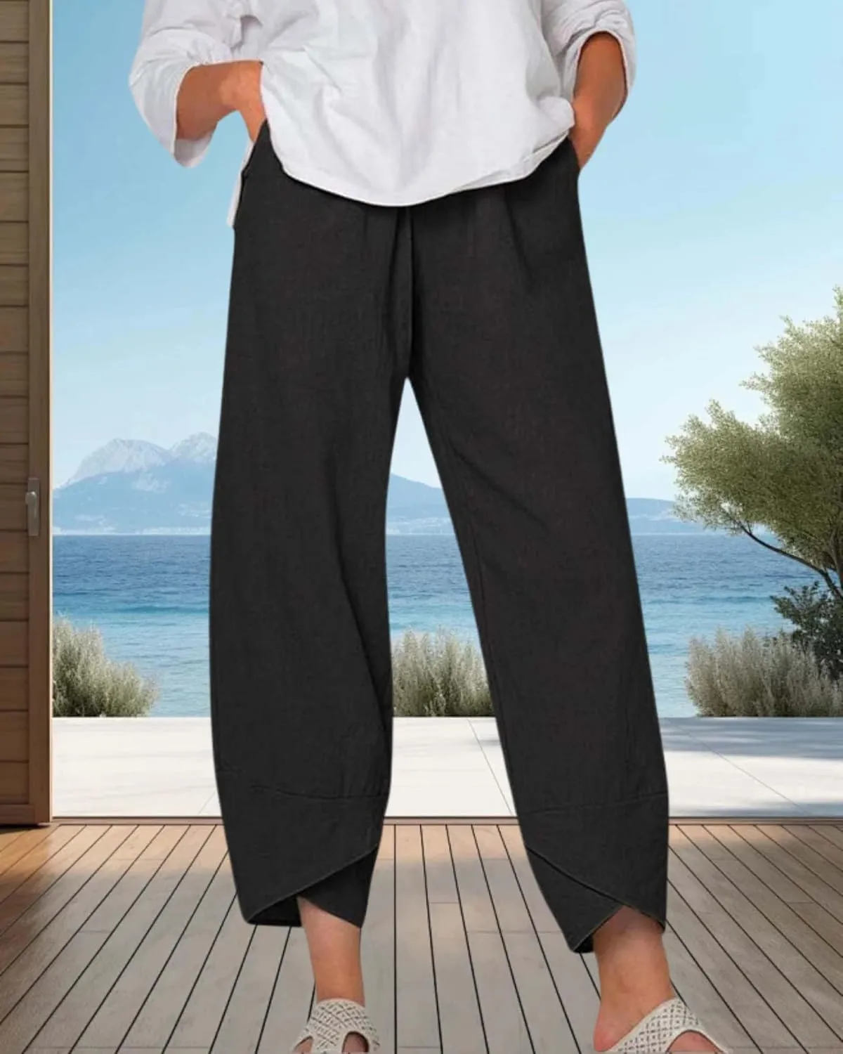 Cotton Linen Summer Casual Capri Pants for Women Printed Waist Wide Leg Palazzo Cropped Baggy Trousers with Pockets
