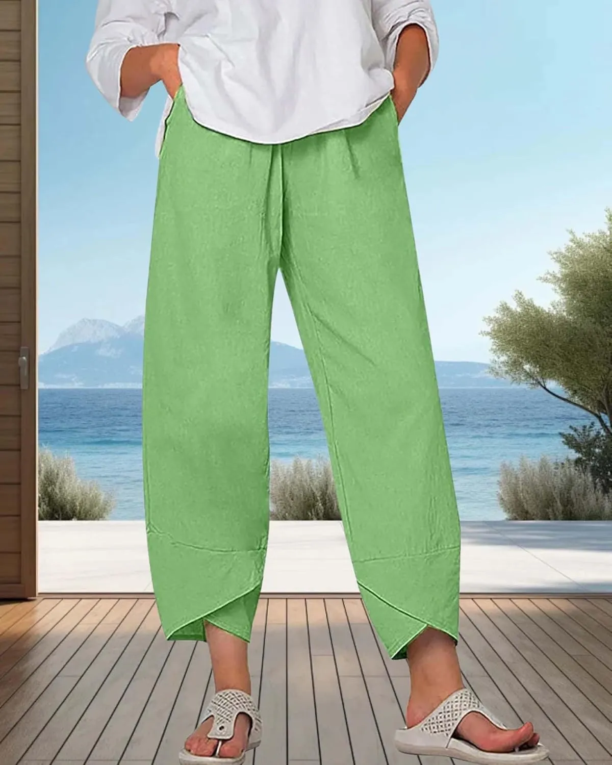 Cotton Linen Summer Casual Capri Pants for Women Printed Waist Wide Leg Palazzo Cropped Baggy Trousers with Pockets