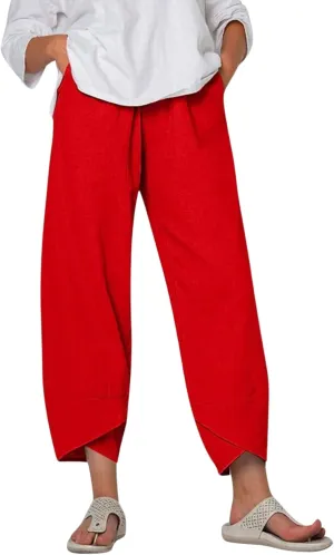Cotton Linen Summer Casual Capri Pants for Women Printed Waist Wide Leg Palazzo Cropped Baggy Trousers with Pockets