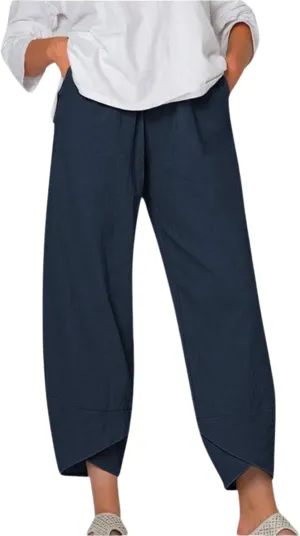 Cotton Linen Summer Casual Capri Pants for Women Printed Waist Wide Leg Palazzo Cropped Baggy Trousers with Pockets