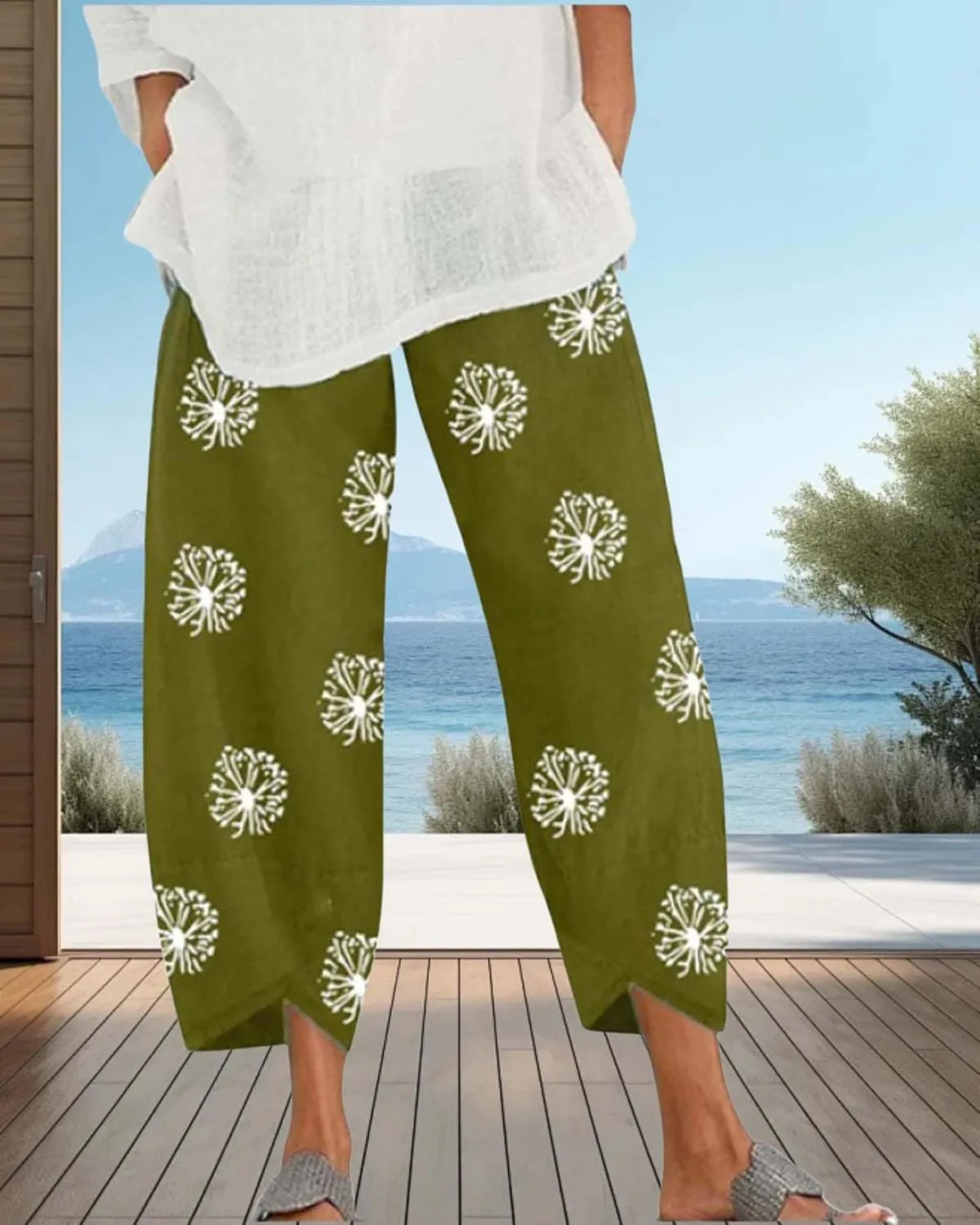 Cotton Linen Summer Casual Capri Pants for Women Printed Waist Wide Leg Palazzo Cropped Baggy Trousers with Pockets