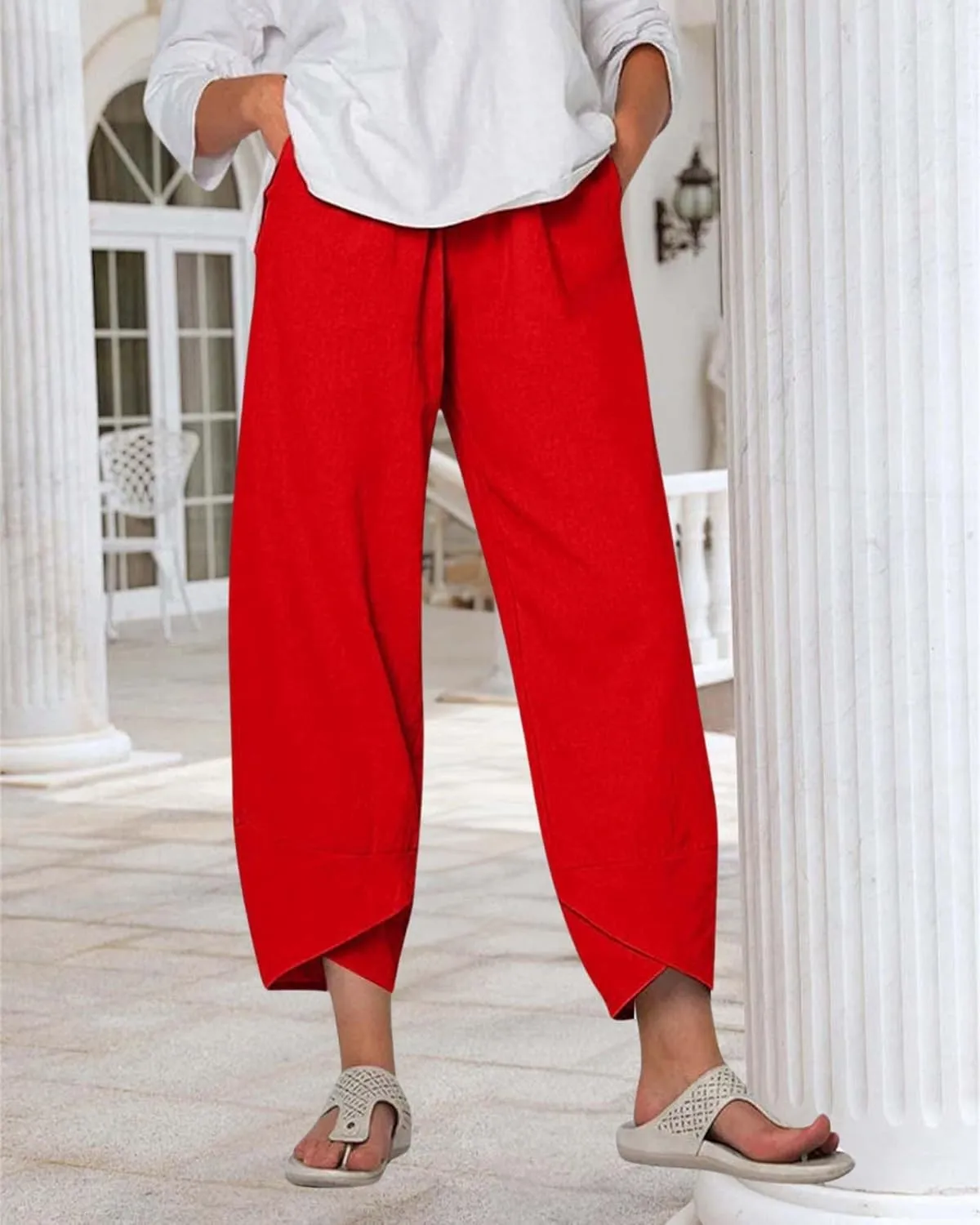 Cotton Linen Summer Casual Capri Pants for Women Printed Waist Wide Leg Palazzo Cropped Baggy Trousers with Pockets