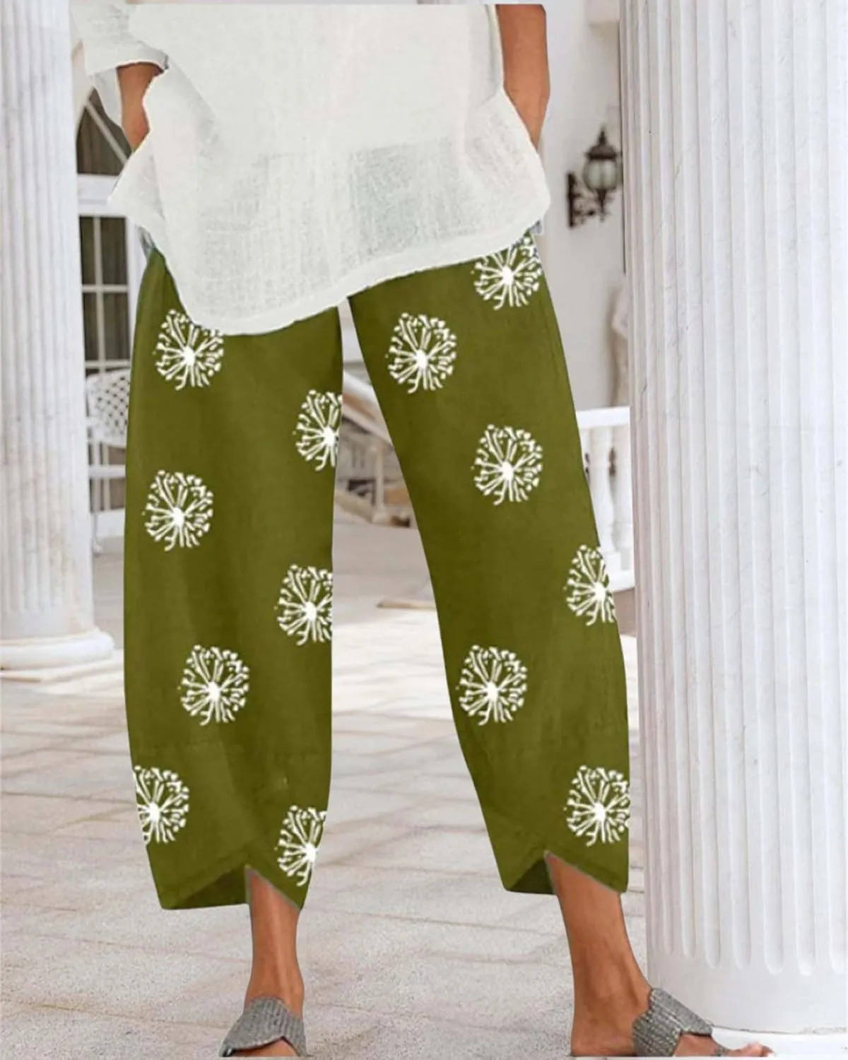 Cotton Linen Summer Casual Capri Pants for Women Printed Waist Wide Leg Palazzo Cropped Baggy Trousers with Pockets