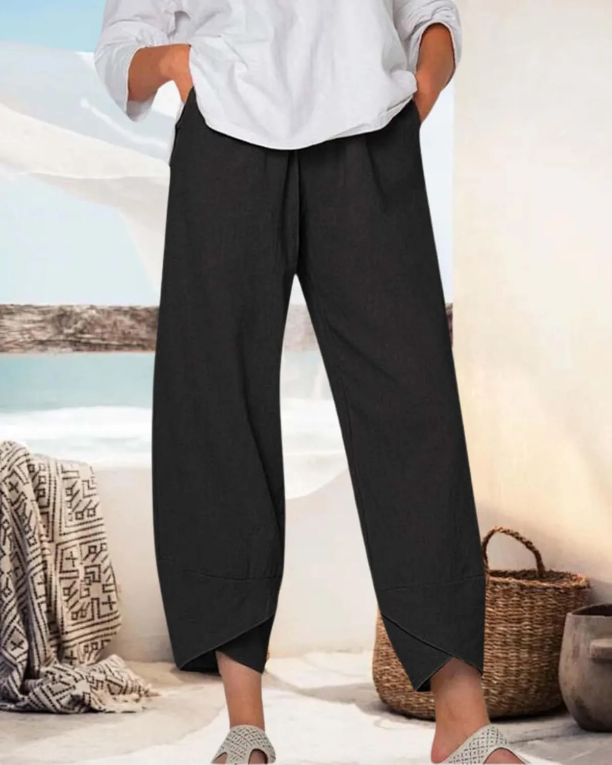 Cotton Linen Summer Casual Capri Pants for Women Printed Waist Wide Leg Palazzo Cropped Baggy Trousers with Pockets