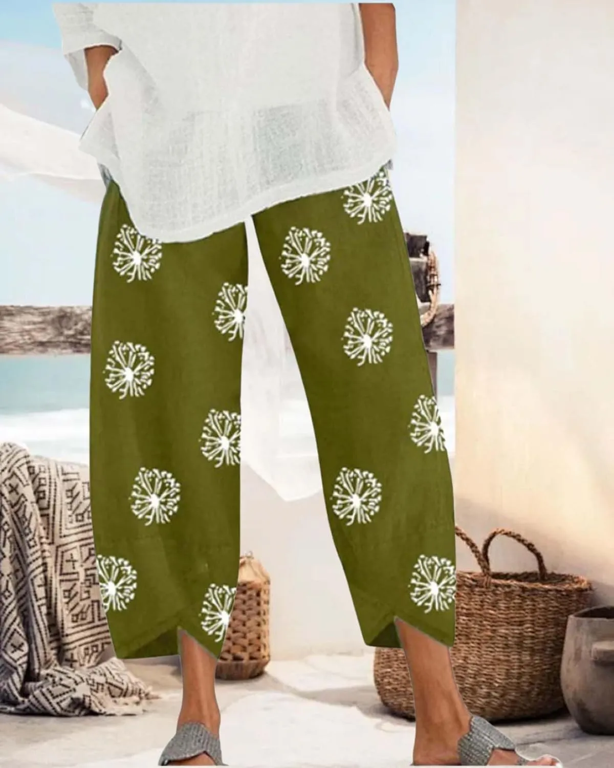 Cotton Linen Summer Casual Capri Pants for Women Printed Waist Wide Leg Palazzo Cropped Baggy Trousers with Pockets