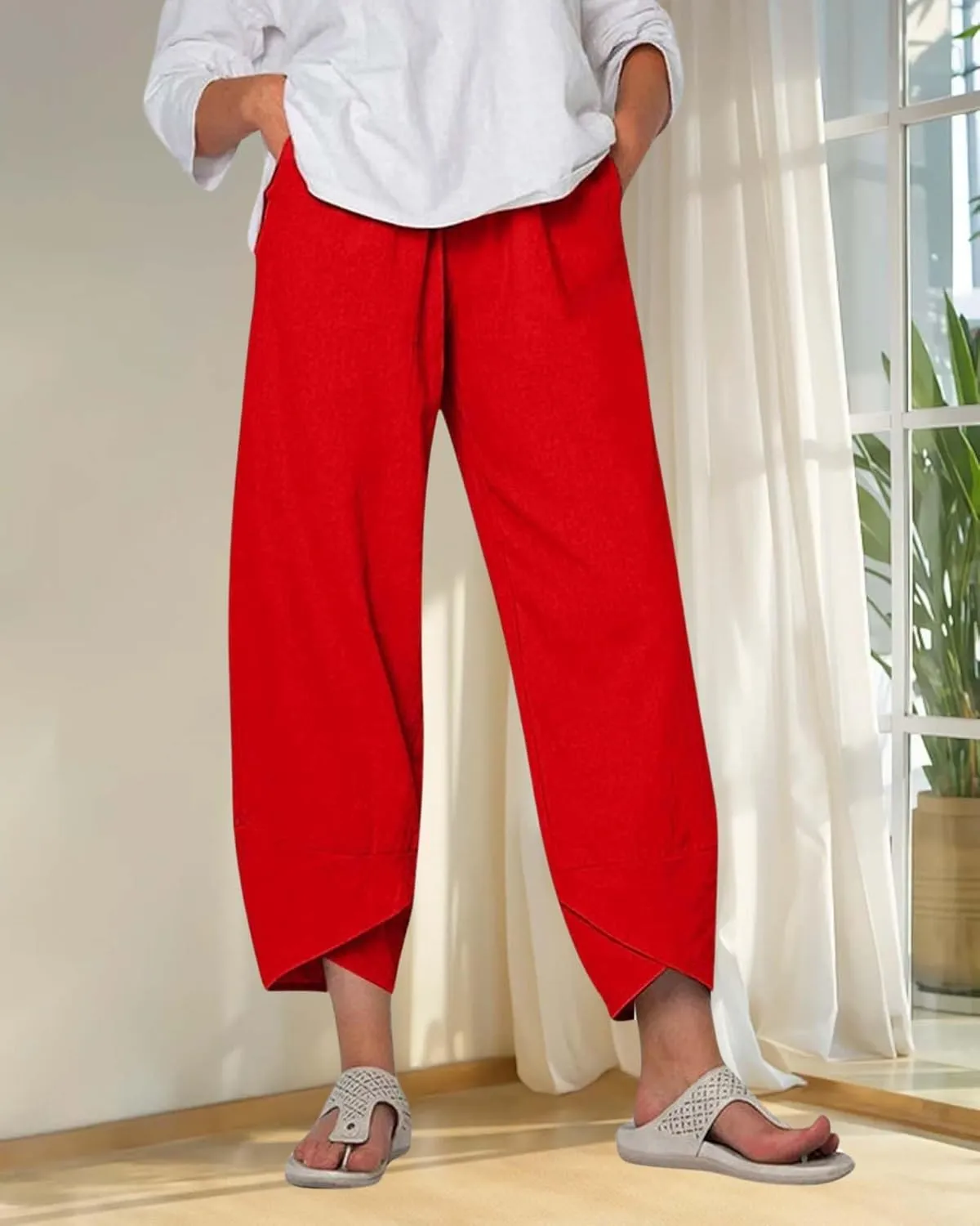 Cotton Linen Summer Casual Capri Pants for Women Printed Waist Wide Leg Palazzo Cropped Baggy Trousers with Pockets