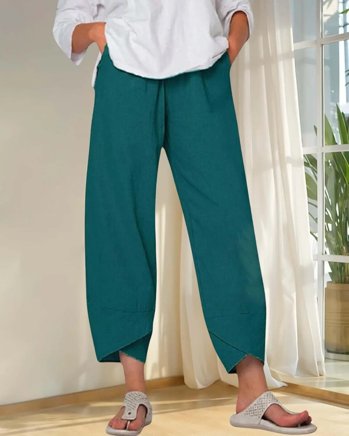 Cotton Linen Summer Casual Capri Pants for Women Printed Waist Wide Leg Palazzo Cropped Baggy Trousers with Pockets