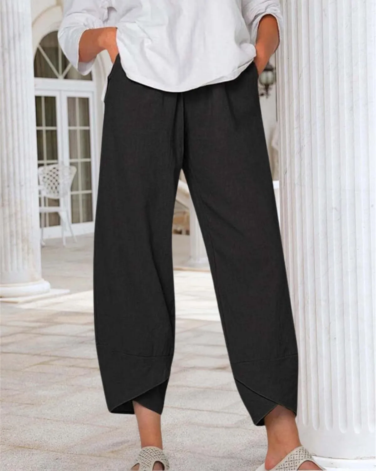 Cotton Linen Summer Casual Capri Pants for Women Printed Waist Wide Leg Palazzo Cropped Baggy Trousers with Pockets