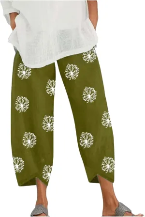 Cotton Linen Summer Casual Capri Pants for Women Printed Waist Wide Leg Palazzo Cropped Baggy Trousers with Pockets