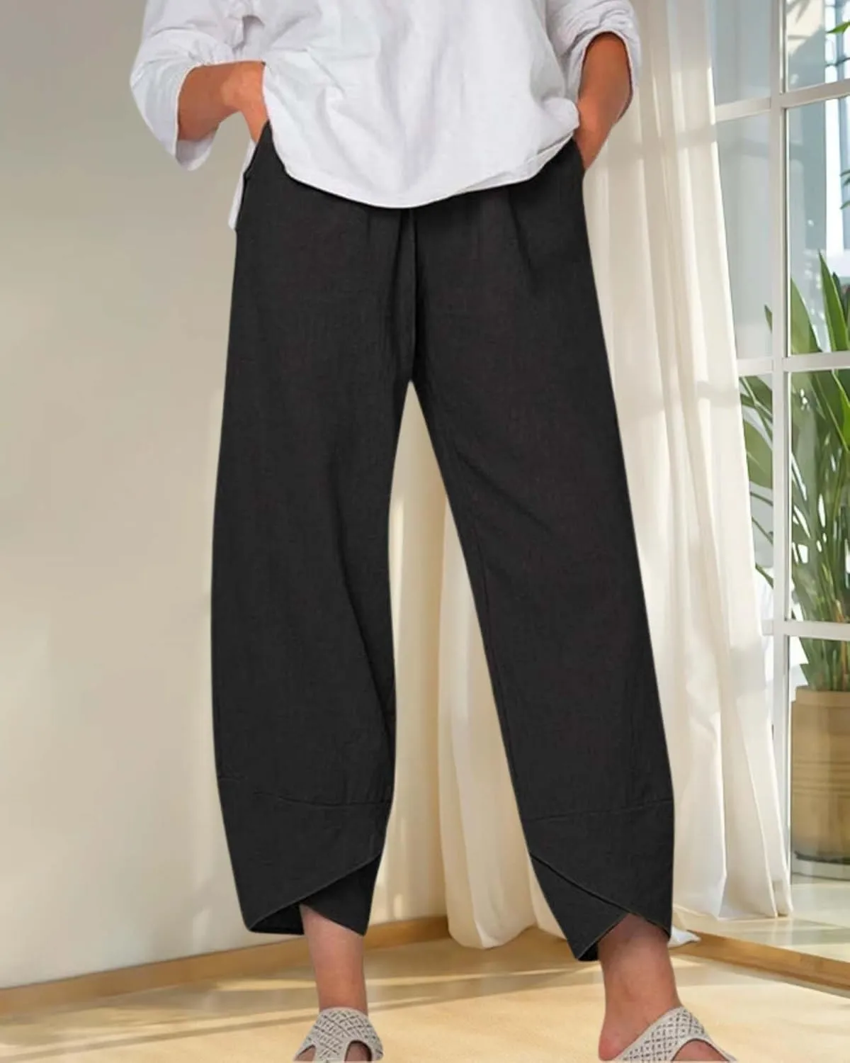 Cotton Linen Summer Casual Capri Pants for Women Printed Waist Wide Leg Palazzo Cropped Baggy Trousers with Pockets