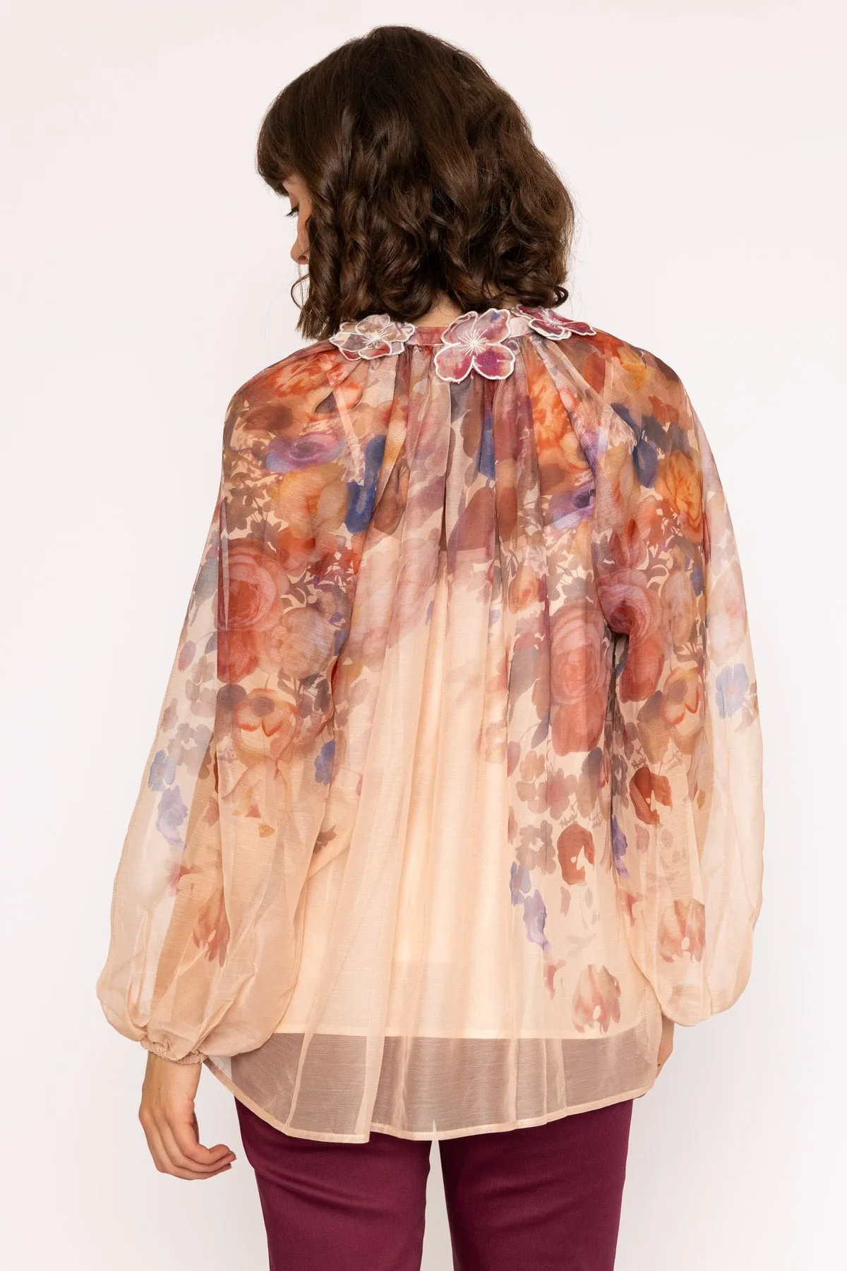 Delicate Floral Print Blouse with Neckline Flower Detailing