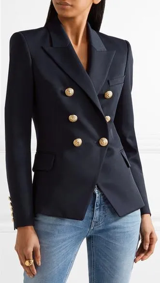 Double-Breasted Cotton-Blend Blazer-Dark Blue