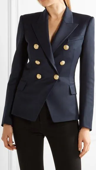 Double-Breasted Cotton-Blend Blazer-Dark Blue