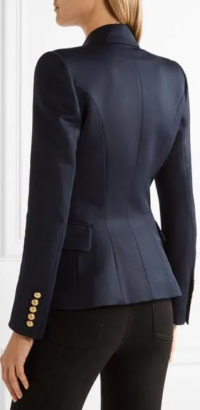 Double-Breasted Cotton-Blend Blazer-Dark Blue
