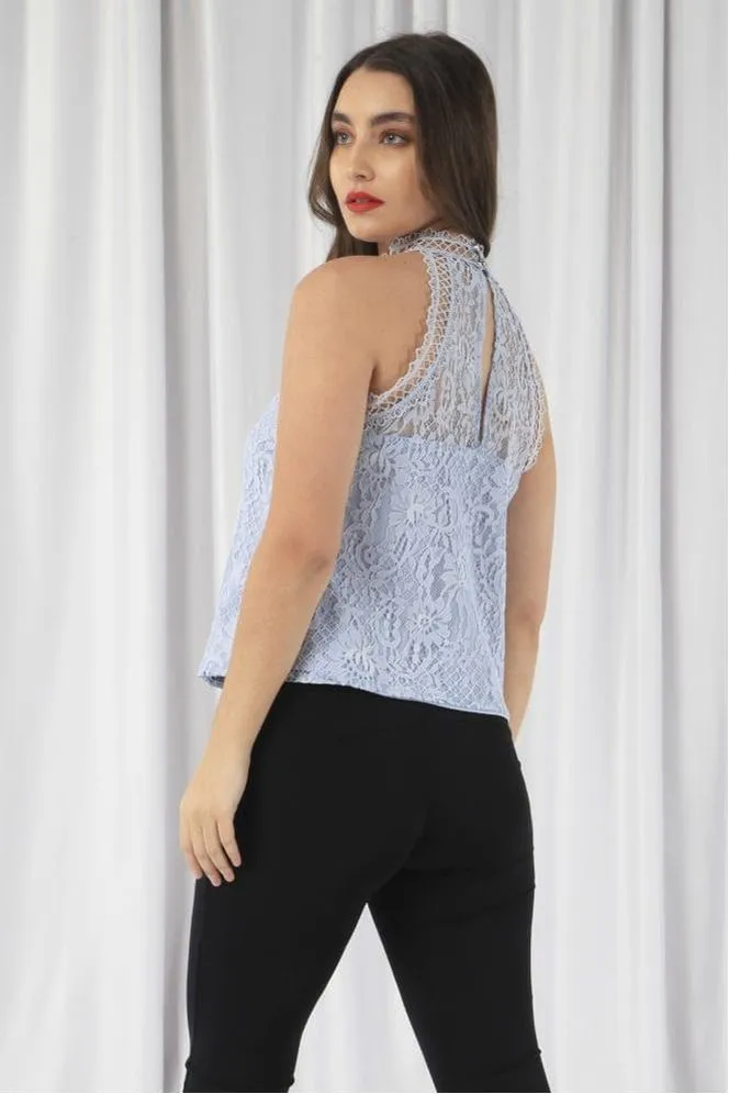 Double Second Blue Halter Neck Lace Top