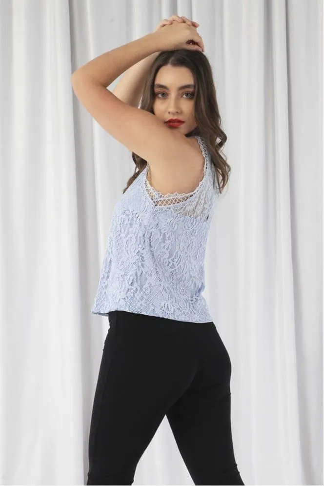 Double Second Blue Halter Neck Lace Top