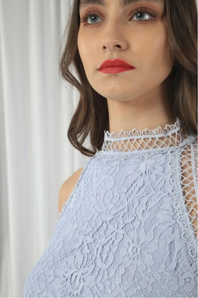Double Second Blue Halter Neck Lace Top