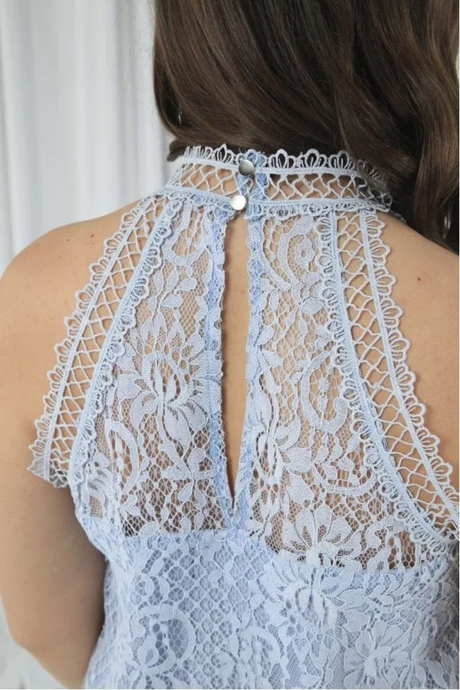 Double Second Blue Halter Neck Lace Top