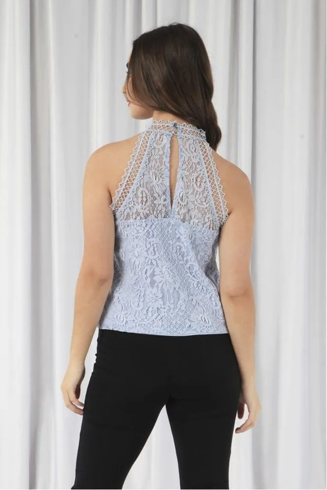 Double Second Blue Halter Neck Lace Top