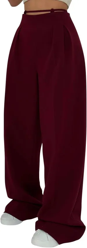 Dress Suit Pants for Women Flat Front Pleated High Waist Wide Leg Trousers Casual Loose Fit Breathable Business Pants