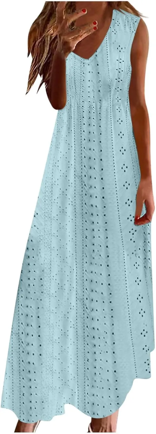 Eyelet Dress for Women Casual Loose V Neck Halter Tank Long Dress Vacation Boho Beach Maxi Sundresses Summer Dresses