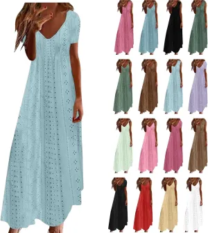 Eyelet Dress for Women Casual Loose V Neck Halter Tank Long Dress Vacation Boho Beach Maxi Sundresses Summer Dresses
