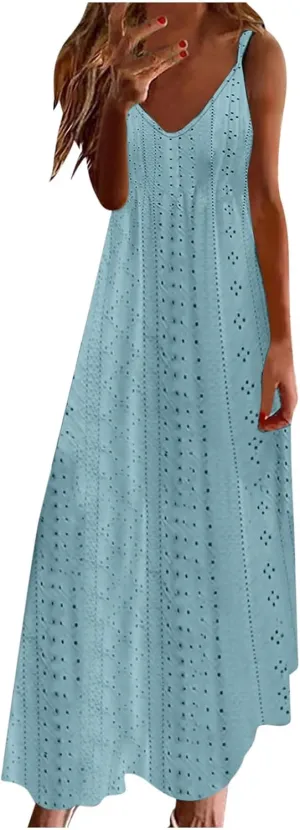 Eyelet Dress for Women Casual Loose V Neck Halter Tank Long Dress Vacation Boho Beach Maxi Sundresses Summer Dresses