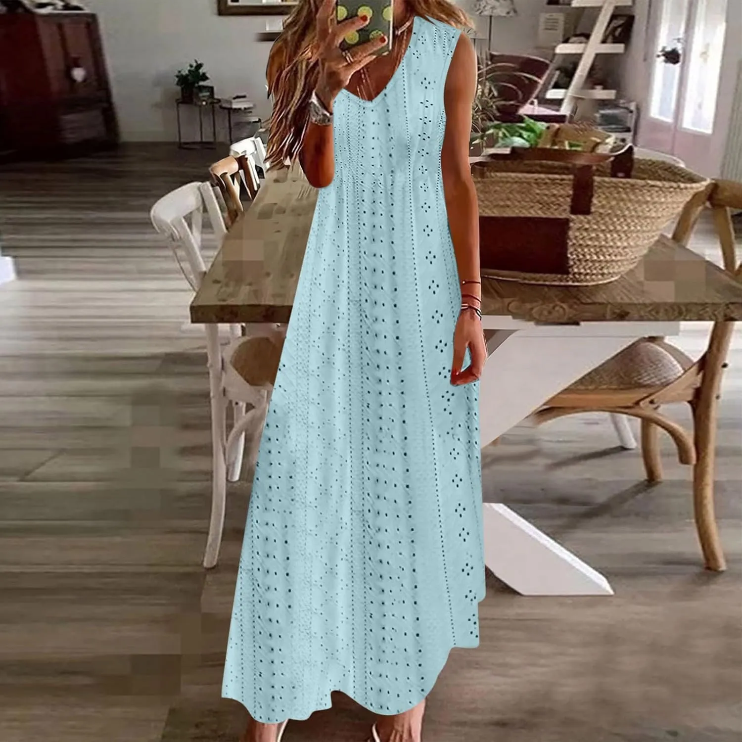 Eyelet Dress for Women Casual Loose V Neck Halter Tank Long Dress Vacation Boho Beach Maxi Sundresses Summer Dresses