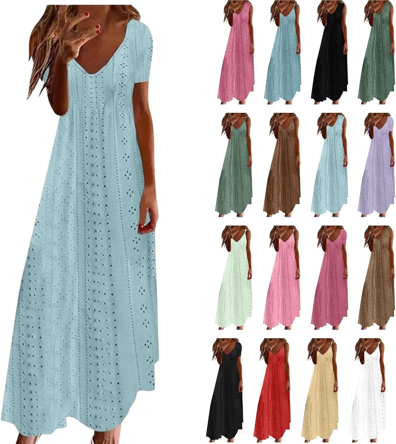 Eyelet Dress for Women Casual Loose V Neck Halter Tank Long Dress Vacation Boho Beach Maxi Sundresses Summer Dresses