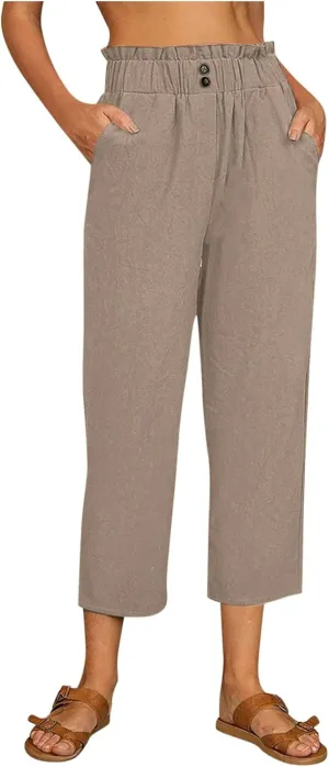 Fashion Women Summer Straight Pants Cotton Linen Trousers Casual High Elastic Waist Nine Point Slimming Pants