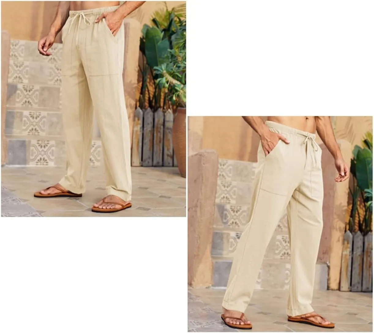 Gafeng Mens Linen Pants Yoga Beach Loose Fit Casual Summer Elastic Waist Drawstring Baggy Trousers with Pockets