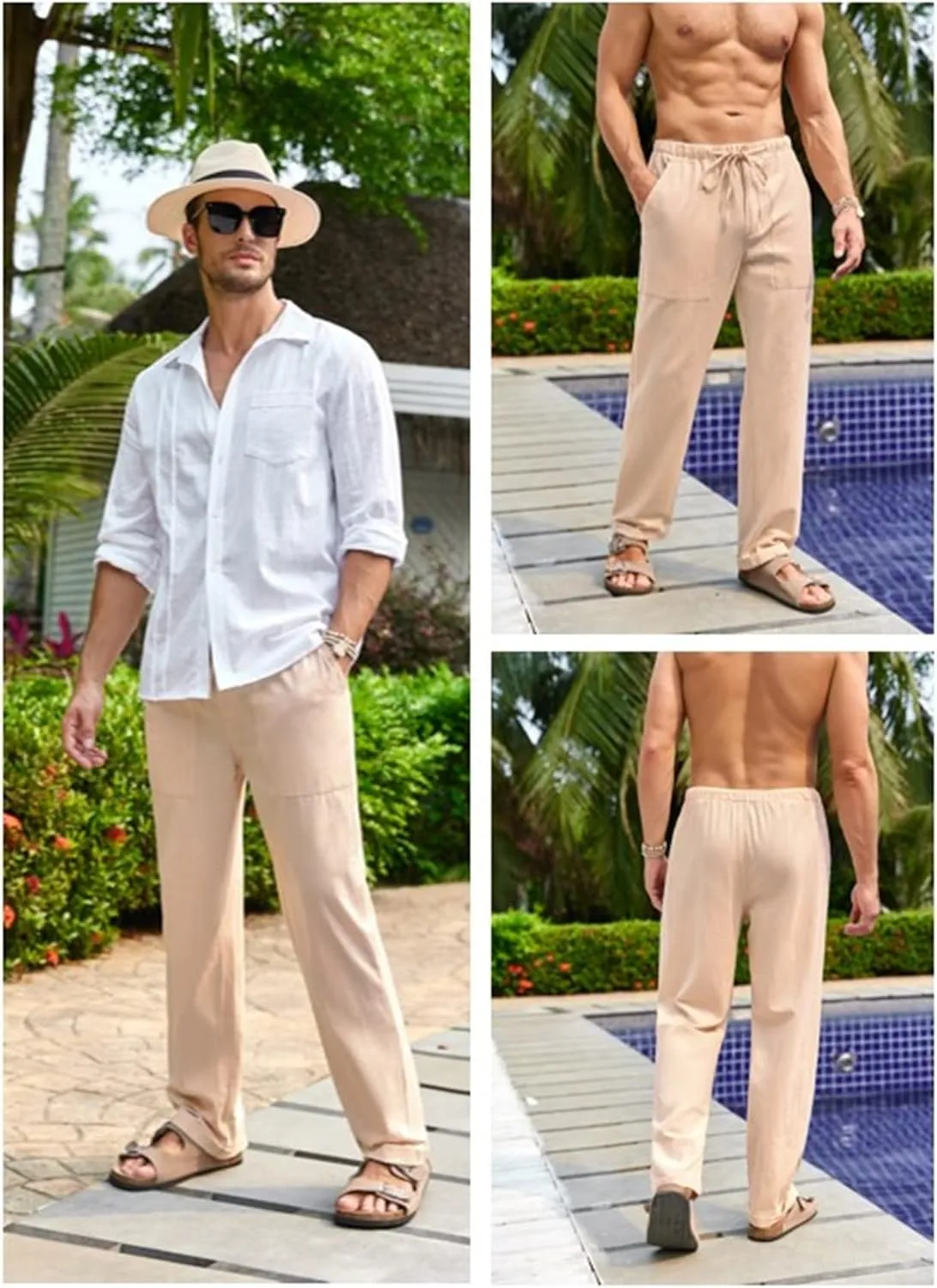 Gafeng Mens Linen Pants Yoga Beach Loose Fit Casual Summer Elastic Waist Drawstring Baggy Trousers with Pockets