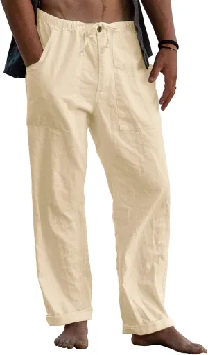 Gafeng Mens Linen Pants Yoga Beach Loose Fit Casual Summer Elastic Waist Drawstring Baggy Trousers with Pockets