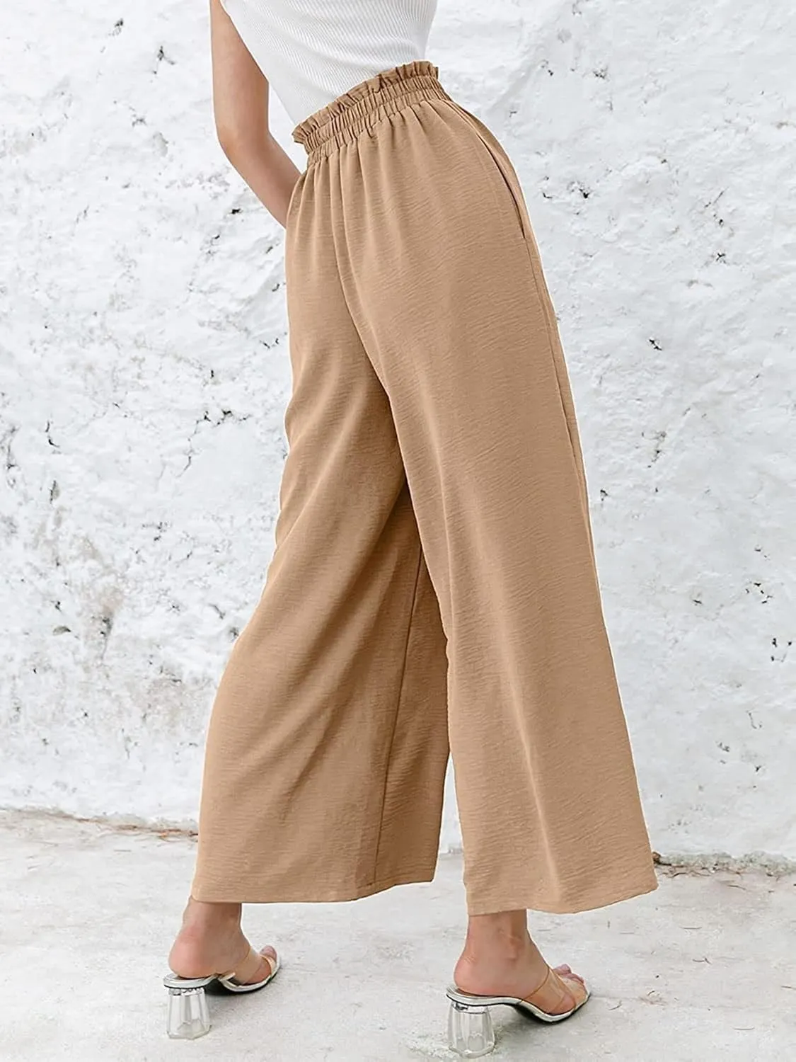 High Waist Wide Leg Pants for Women Summer Breathable Cotton Linen Pant Loose Solid Business Trousers with Pockets
