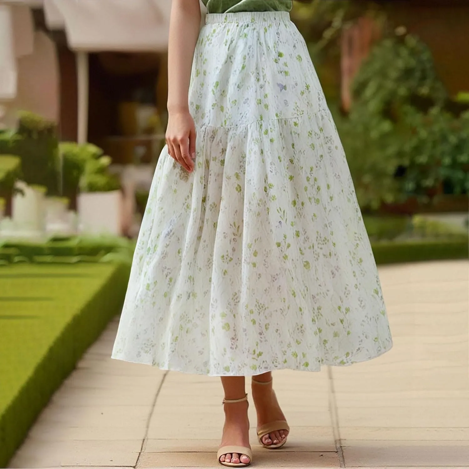 High Waisted Long Skirts for Women Ruffle Tiered Flowy A-Line Floral Skirt Vacation Summer Casual Beach Boho Dress