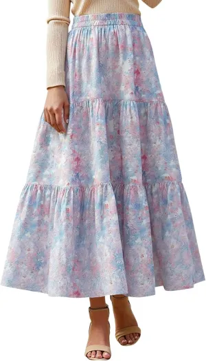 High Waisted Long Skirts for Women Ruffle Tiered Flowy A-Line Floral Skirt Vacation Summer Casual Beach Boho Dress