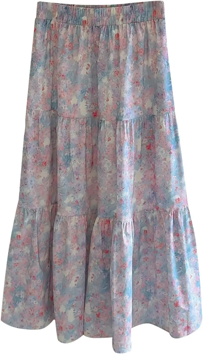 High Waisted Long Skirts for Women Ruffle Tiered Flowy A-Line Floral Skirt Vacation Summer Casual Beach Boho Dress