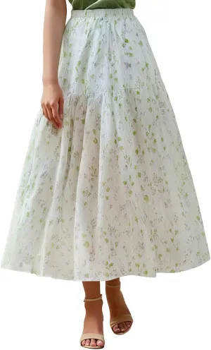 High Waisted Long Skirts for Women Ruffle Tiered Flowy A-Line Floral Skirt Vacation Summer Casual Beach Boho Dress