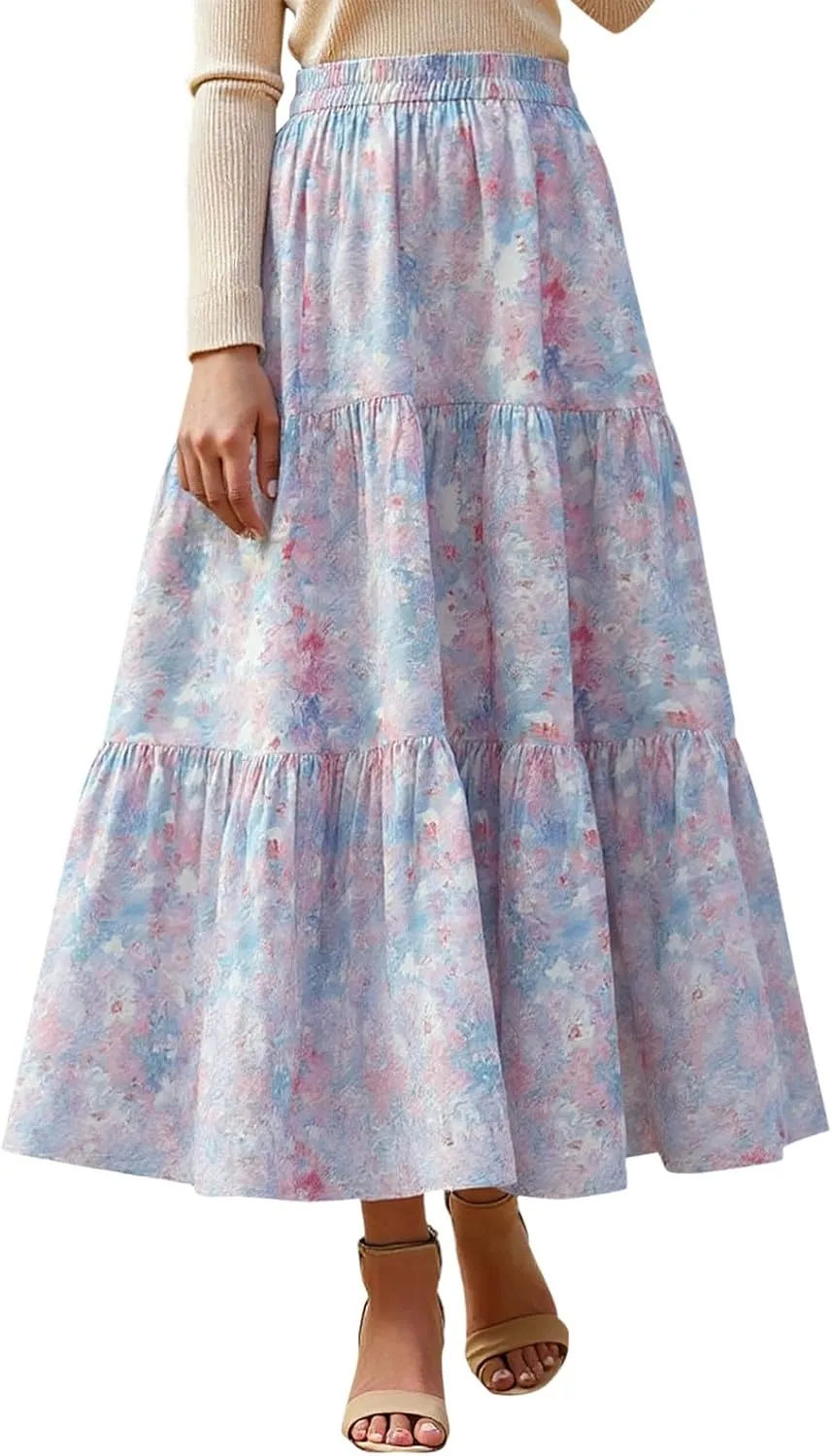 High Waisted Long Skirts for Women Ruffle Tiered Flowy A-Line Floral Skirt Vacation Summer Casual Beach Boho Dress