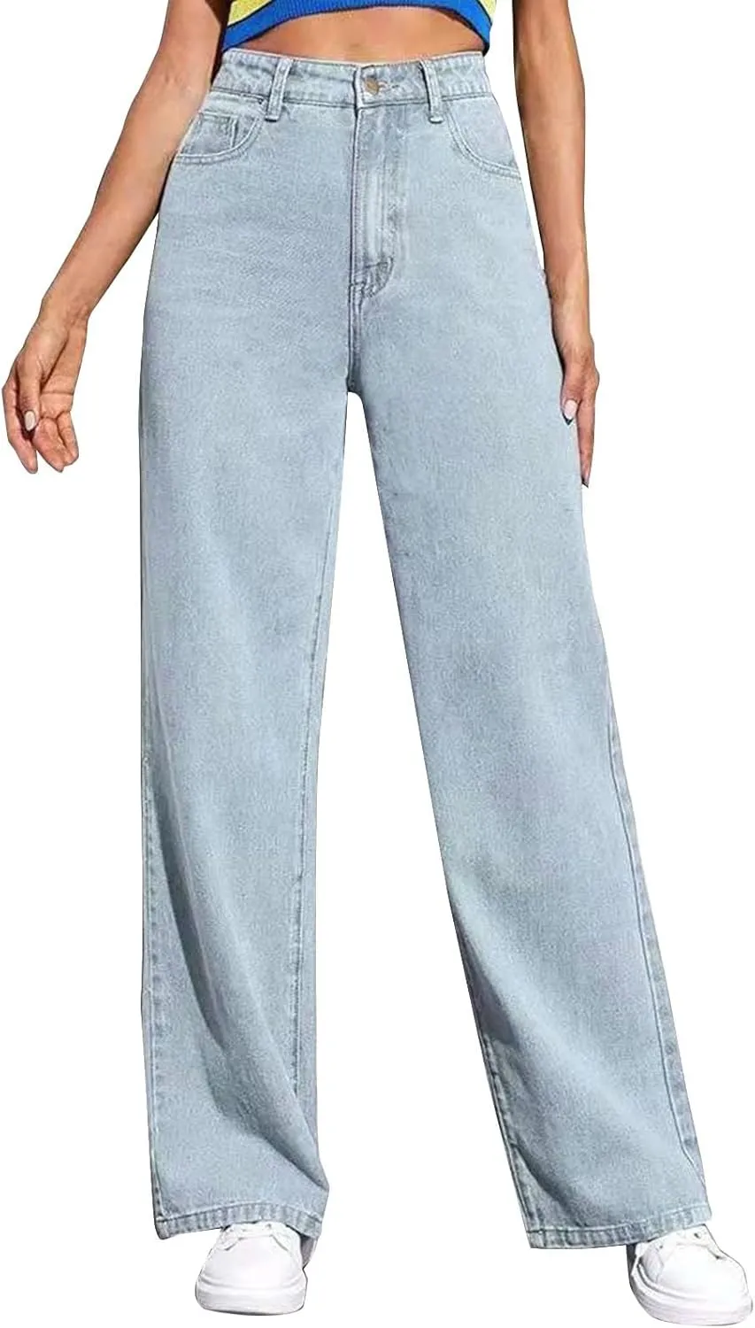 Hight Waisted Jeans for Women Trendy Casual Wide Leg Denim Sweatpants Plus Size Straight Leg Loose Fit Comfy Pants