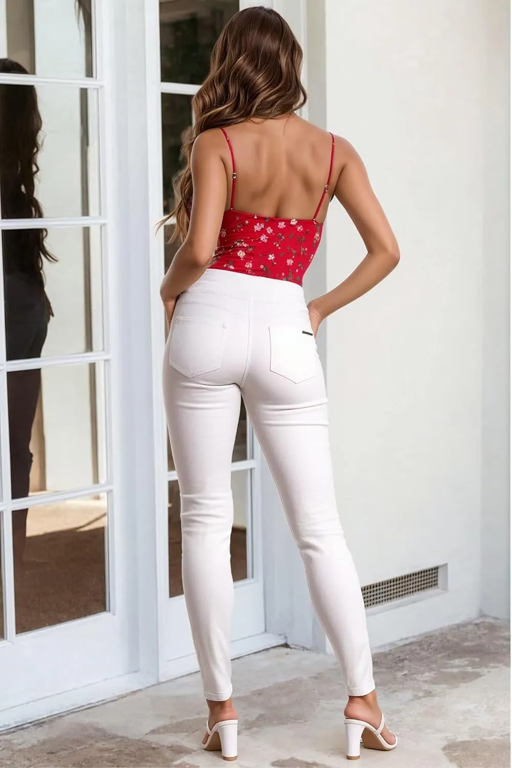 Hybrid & Company Womens Hyper Ultra Stretch Comfy Skinny Leg 3 Button Wide Waist Work Casual Pants