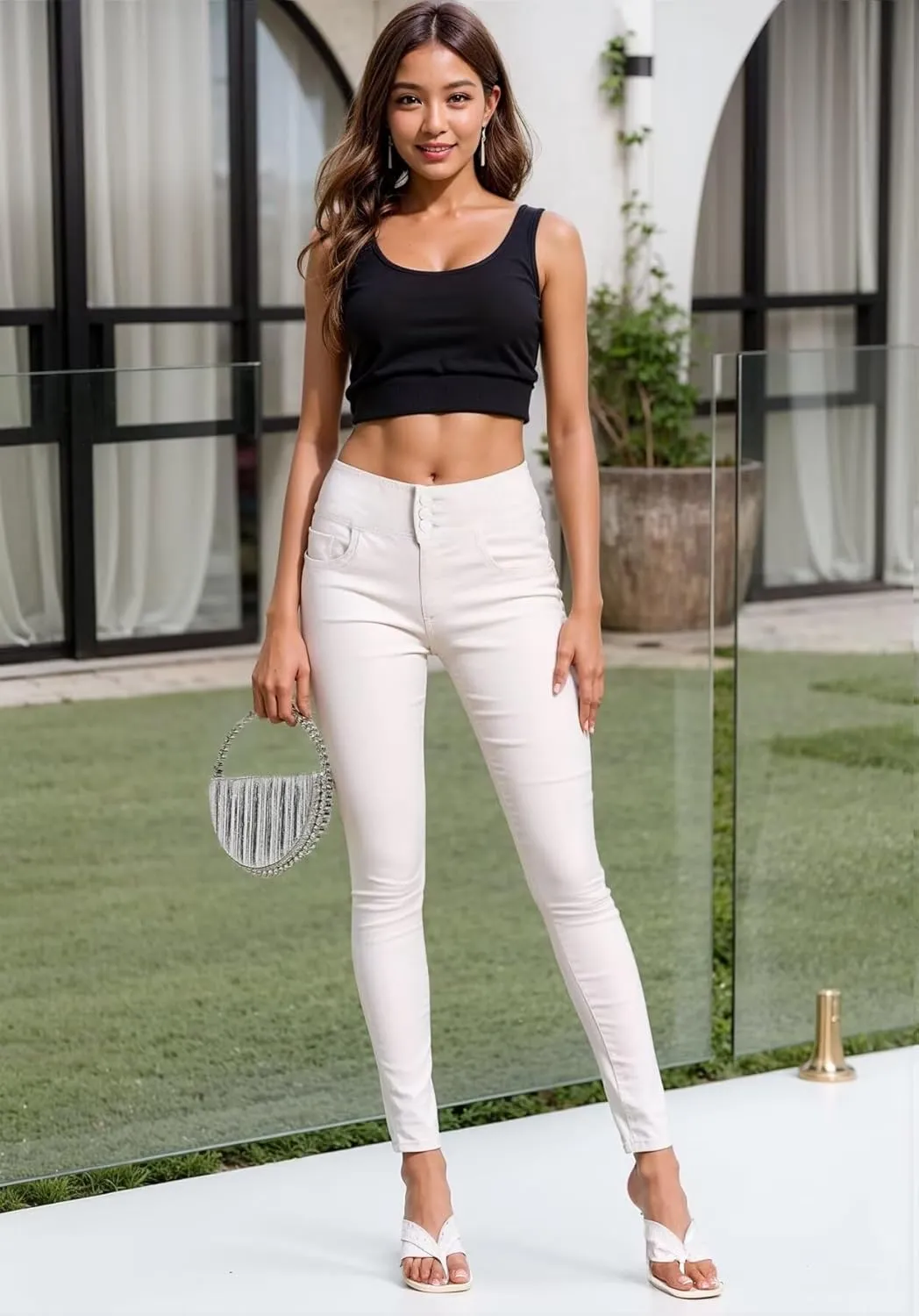 Hybrid & Company Womens Hyper Ultra Stretch Comfy Skinny Leg 3 Button Wide Waist Work Casual Pants