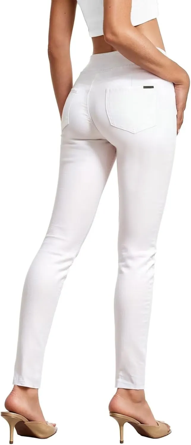 Hybrid & Company Womens Hyper Ultra Stretch Comfy Skinny Leg 3 Button Wide Waist Work Casual Pants